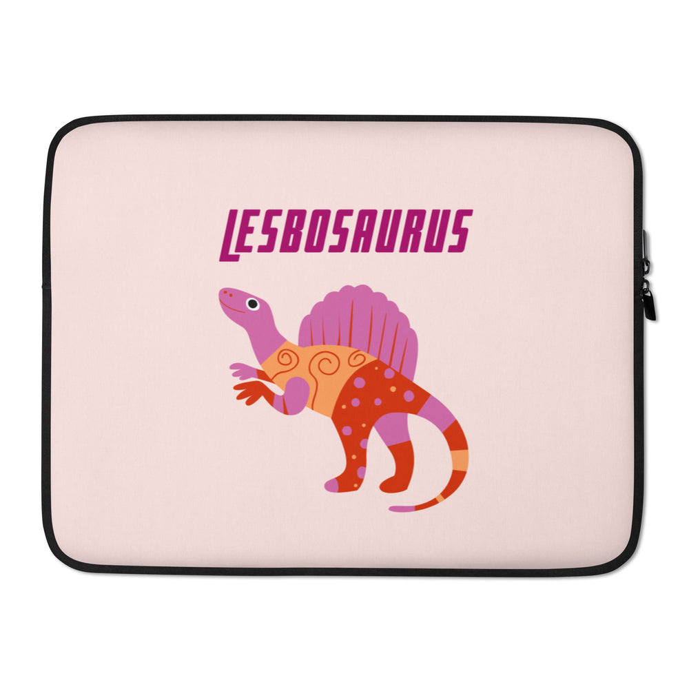 Pink laptop sleeve with black trim, zipper, and a colorful dinosaur beneath “LESBOSAURUS” text