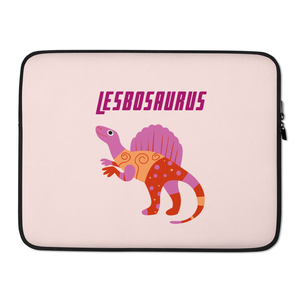 Pink laptop sleeve with black trim, zipper, and a colorful dinosaur beneath “LESBOSAURUS” text