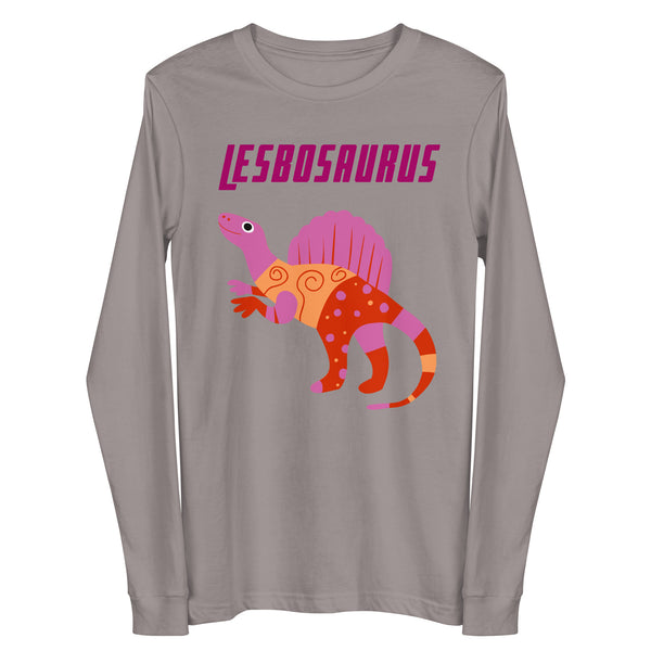 Gray long-sleeve shirt reading “LESBOSAURUS” above a colorful cartoon dinosaur