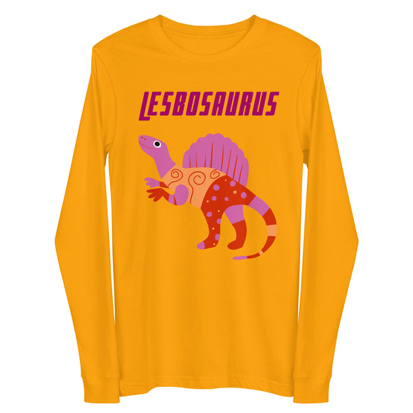 Front view of a mustard long-sleeve shirt with “LESBOSAURUS” and a colorful dinosaur graphic