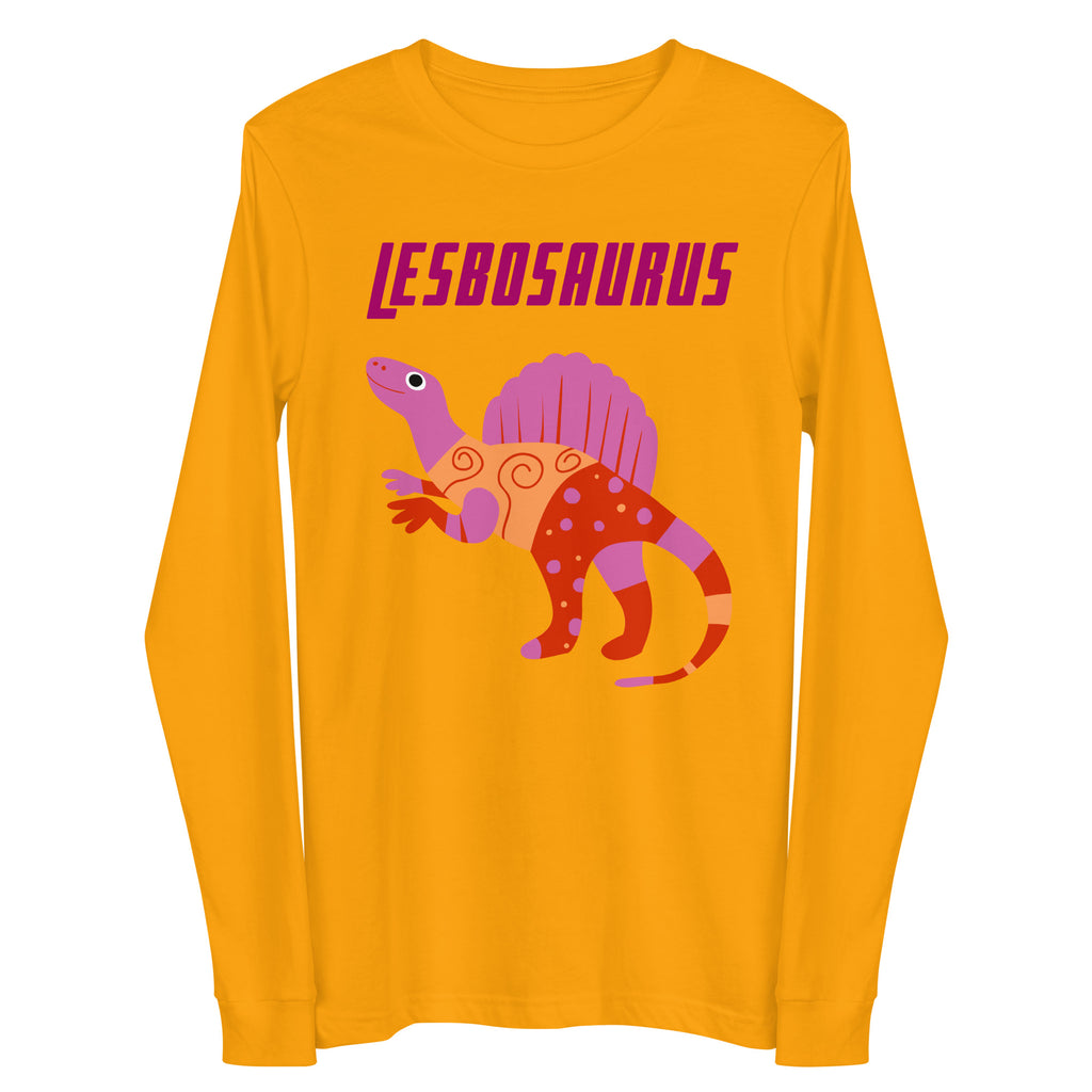 Front view of a mustard long-sleeve shirt with “LESBOSAURUS” and a colorful dinosaur graphic