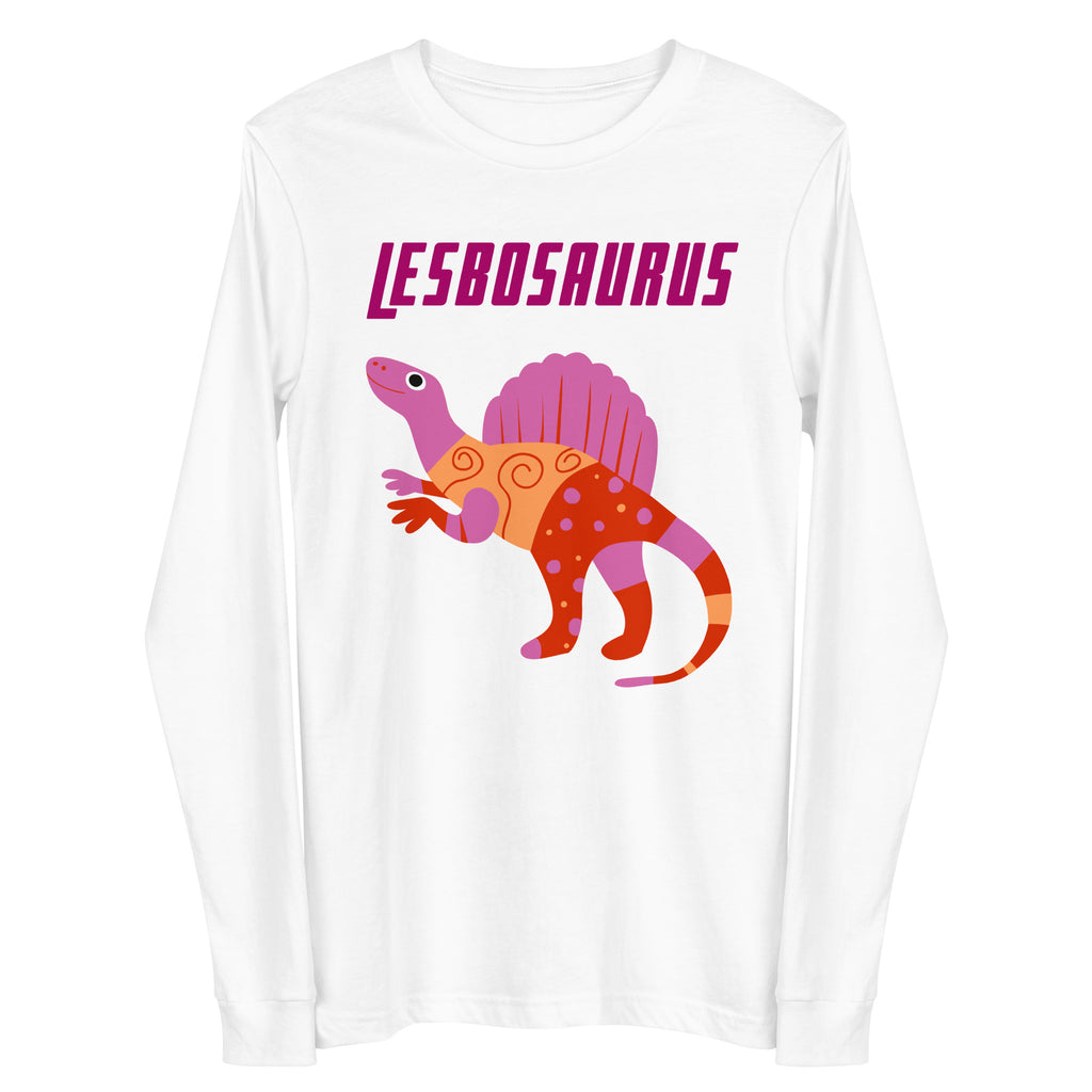 Front view of a white long-sleeve shirt reading “LESBOSAURUS” above a colorful dinosaur graphic