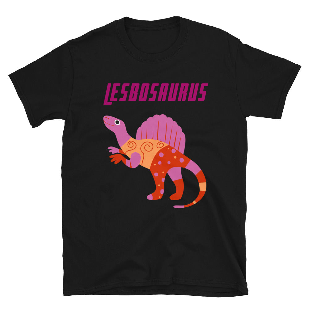 Black Lesbosaurus T-shirt with pink and orange dinosaur graphic and “LESBOSAURUS” text