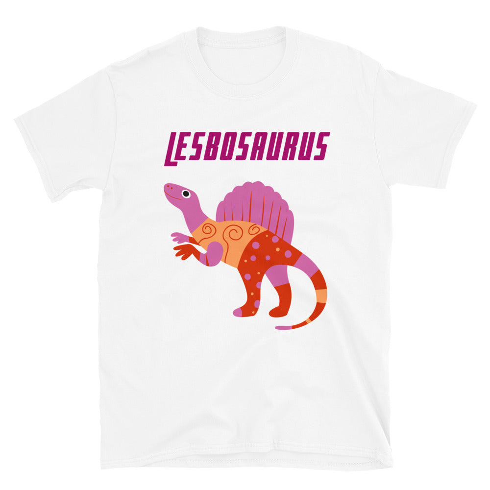 juguetes sexuales para hombres gays: Lesbosaurus T-Shirt with a vibrant dinosaur and LGBT pride colors, worn by two people