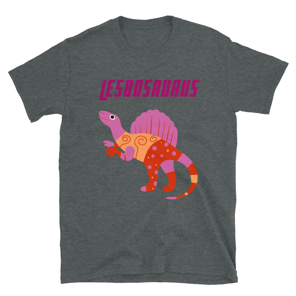 Gray Lesbosaurus T-shirt with pink dinosaur graphic and “LESBOSAURUS” text