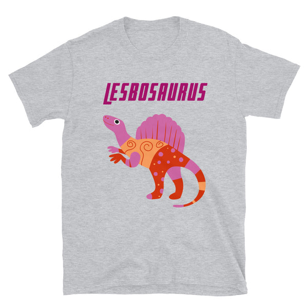 Gray Lesbosaurus T-shirt featuring a colorful dinosaur graphic and “LESBOSAURUS” text