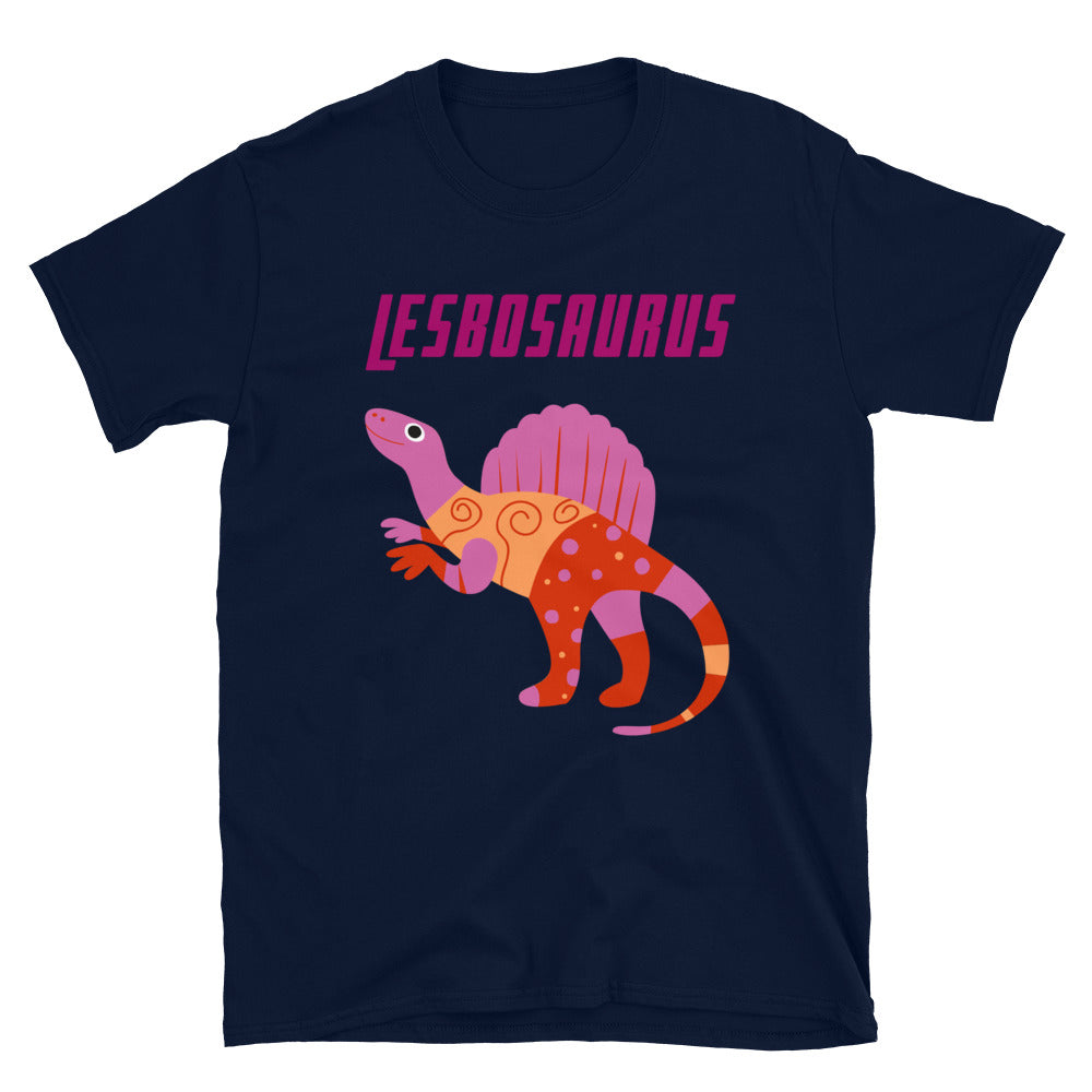 Navy Lesbosaurus T-shirt with pink lettering and a colorful dinosaur graphic