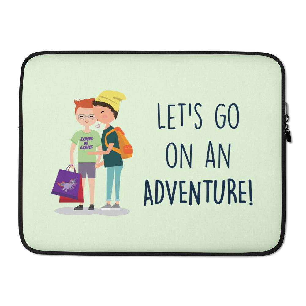 Front view of a pale green laptop sleeve showing two people and “LET’S GO ON AN ADVENTURE!”
