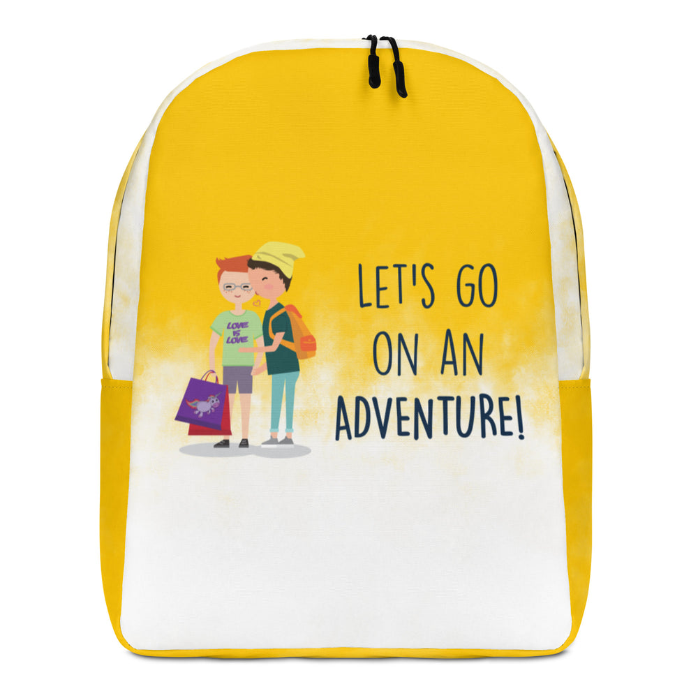 Front-facing yellow-and-white backpack with two illustrated people and “LET'S GO ON AN ADVENTURE!”