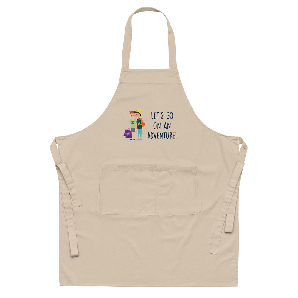 Front view of a beige apron with a two-person adventure illustration and front pocket