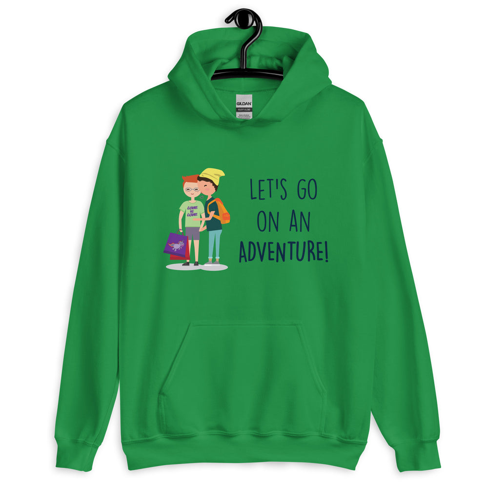 Front view of a green hoodie reading “LET’S GO ON AN ADVENTURE!” with two cartoon figures