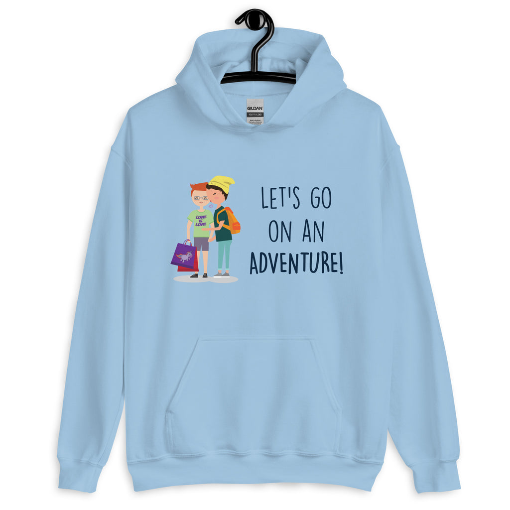 Light blue hoodie with two illustrated travelers and “LET’S GO ON AN ADVENTURE!” text