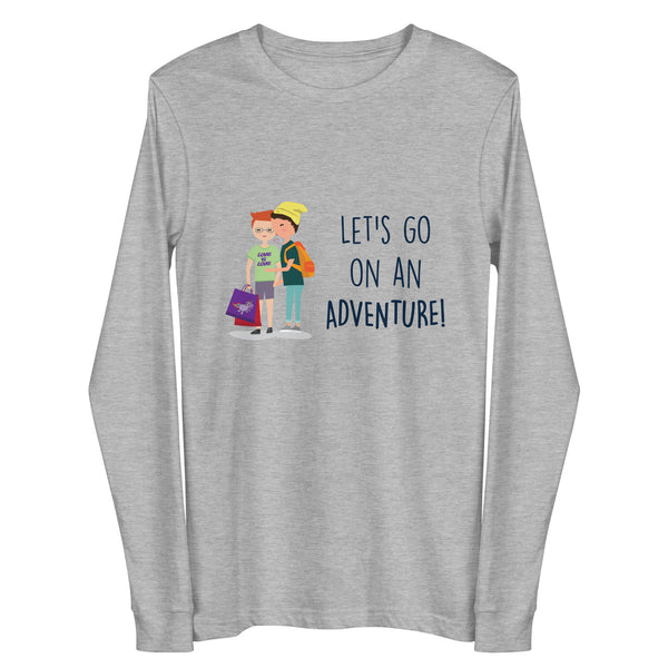 Front view of a heather-gray long-sleeve shirt with two illustrated travelers and “LET’S GO ON AN ADVENTURE!”