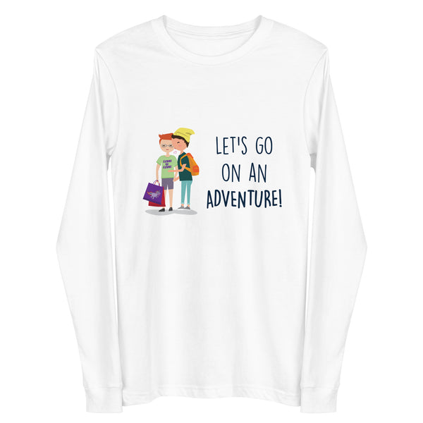 White long-sleeve shirt with two cartoon travelers and “LET’S GO ON AN ADVENTURE!”