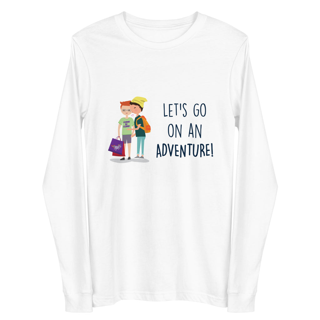 White long-sleeve shirt with two cartoon travelers and “LET’S GO ON AN ADVENTURE!”