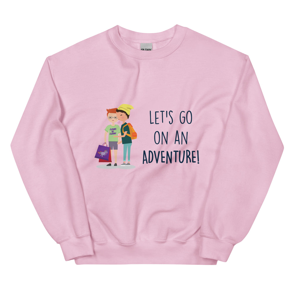 Front view of a light pink sweatshirt reading “LET'S GO ON AN ADVENTURE!” with two illustrated people