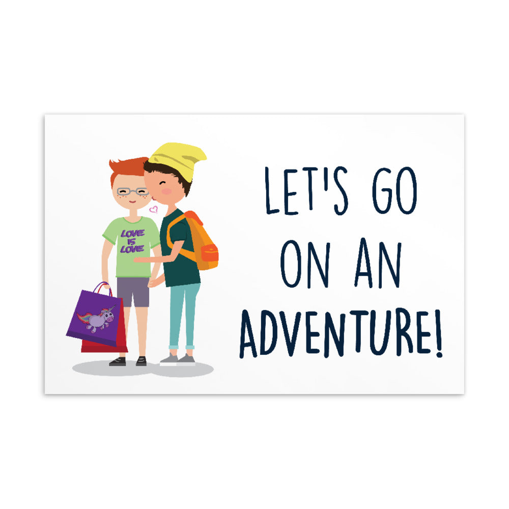 Postcard reading “LET'S GO ON AN ADVENTURE!” with two illustrated children and a rainbow unicorn tote