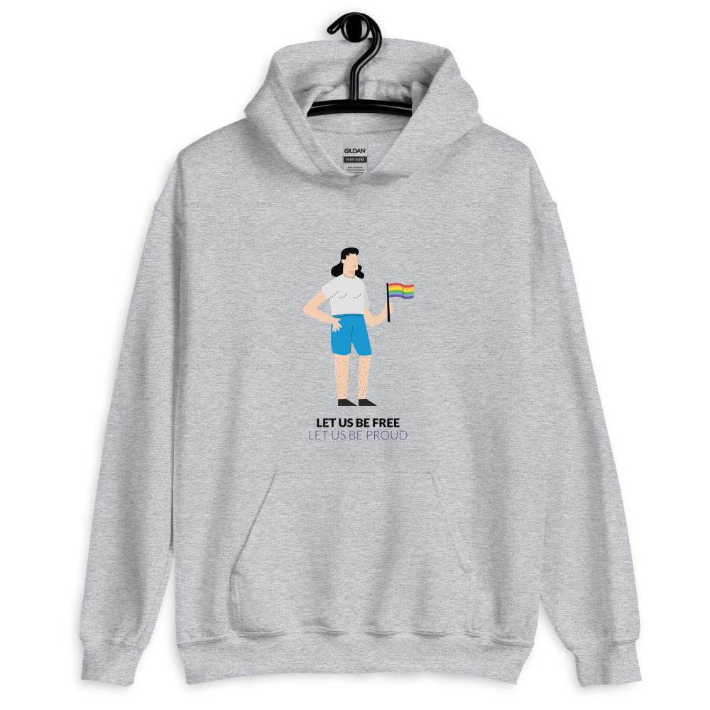 Front view of a gray hoodie with a person holding a rainbow flag and “LET US BE FREE LET US BE PROUD” text