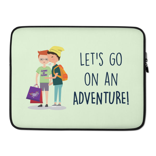 Front view of a pale green laptop sleeve showing two people and “LET’S GO ON AN ADVENTURE!”