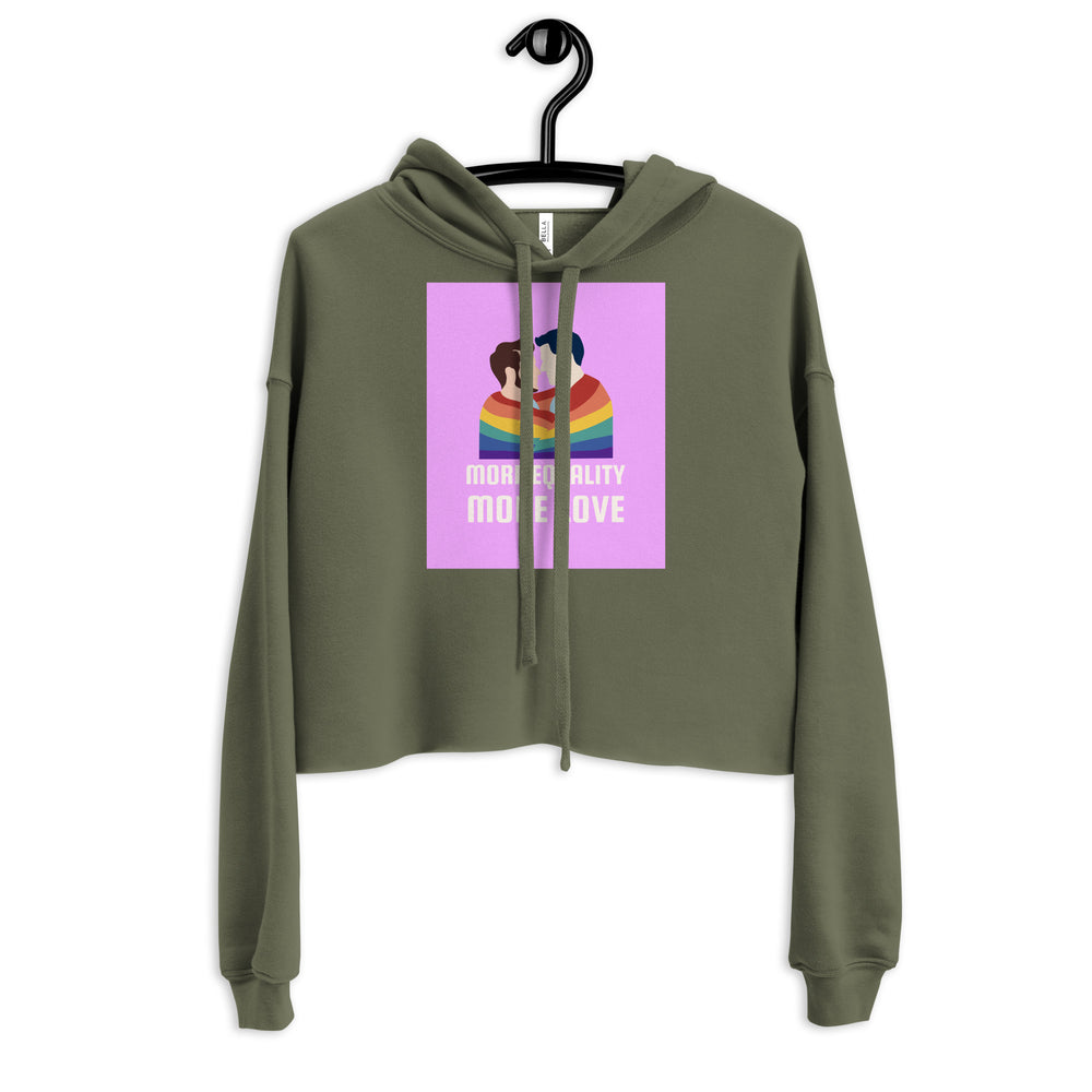 Front view of an olive cropped hoodie with two rainbow-striped figures and “MORE EQUALITY MORE LOVE” text