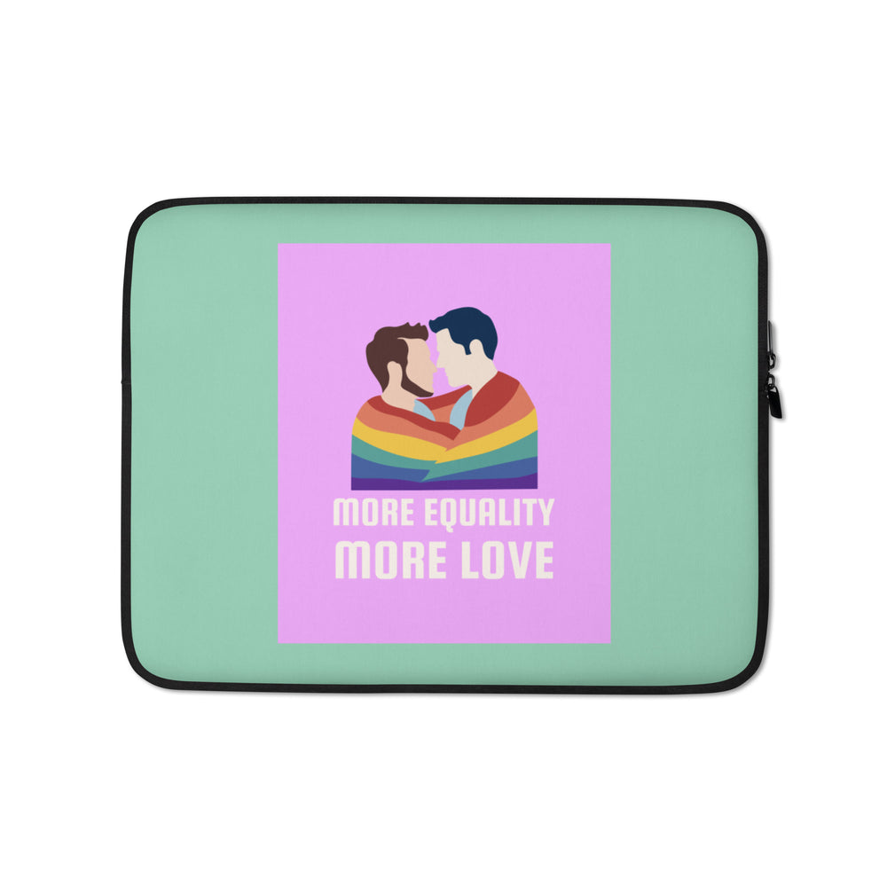 Mint green laptop sleeve with two men under a rainbow and “MORE EQUALITY MORE LOVE”