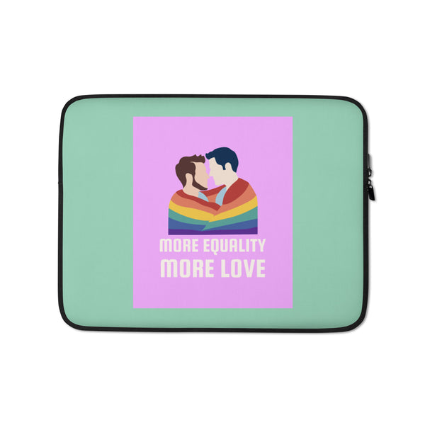 Mint green laptop sleeve with two men under a rainbow and “MORE EQUALITY MORE LOVE”