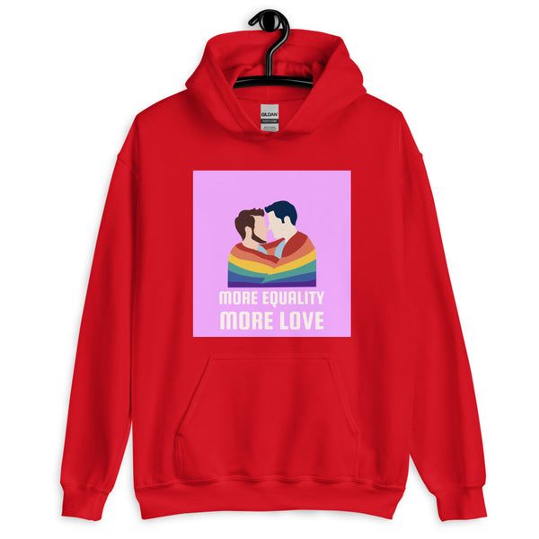 Front view of a red hoodie with two men embracing under a rainbow and “MORE EQUALITY MORE LOVE”