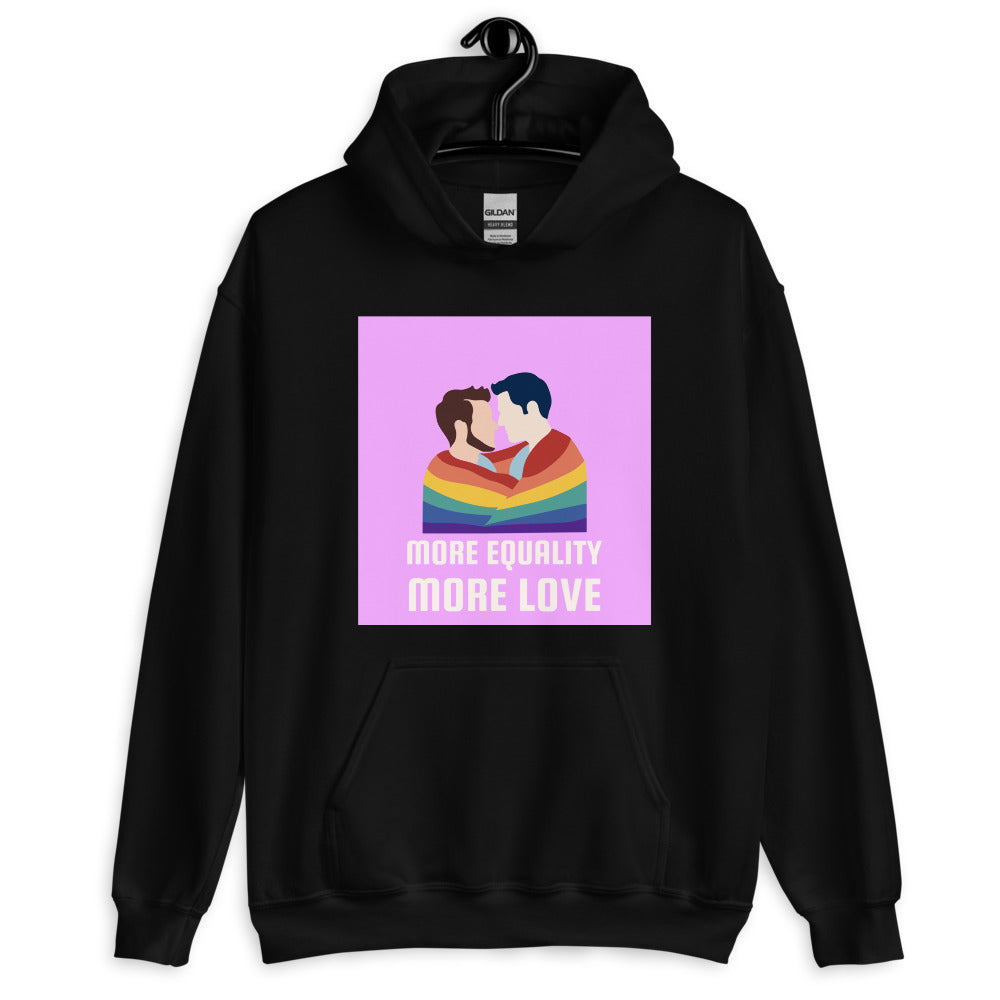 Front view of a black hoodie with two men kissing in rainbow stripes and “MORE EQUALITY MORE LOVE”