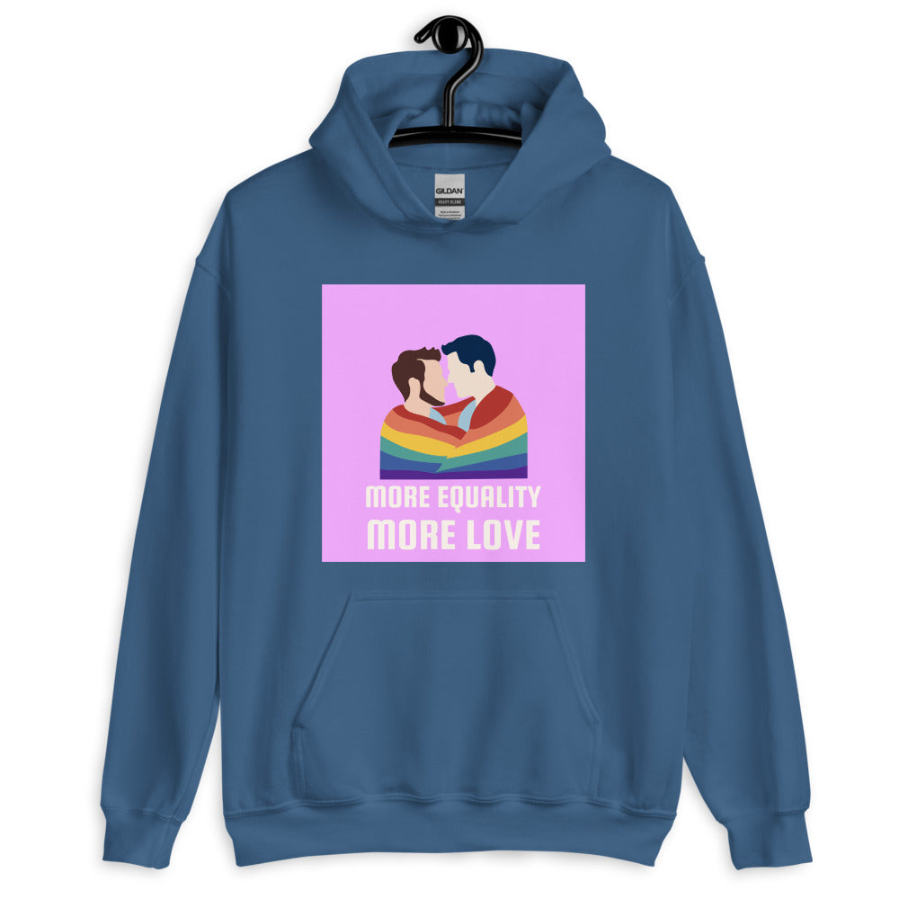 Indigo-blue hoodie with two men kissing under a rainbow and “MORE EQUALITY MORE LOVE” text