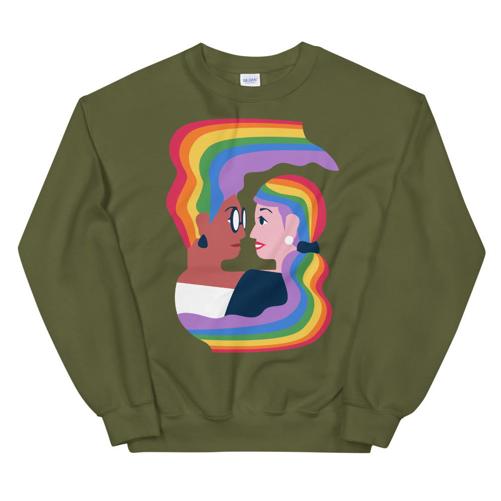 Front view of an olive-green sweatshirt with a rainbow-haired couple kissing