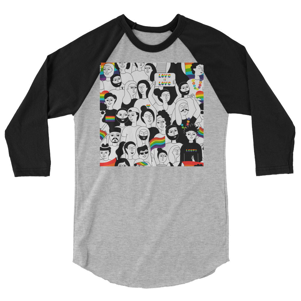 Front view of a gray-and-black raglan shirt with a colorful Pride crowd graphic and “love love” text