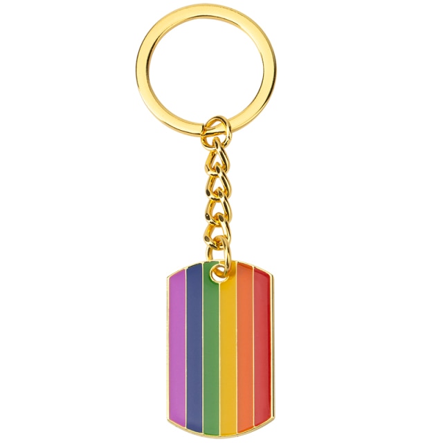 Rainbow-striped rectangular keychain tag with gold ring and chain on a white background