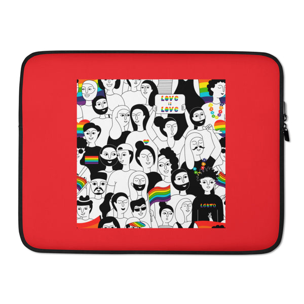 Red laptop sleeve with black trim and a Pride crowd graphic reading “LOVE is LOVE”