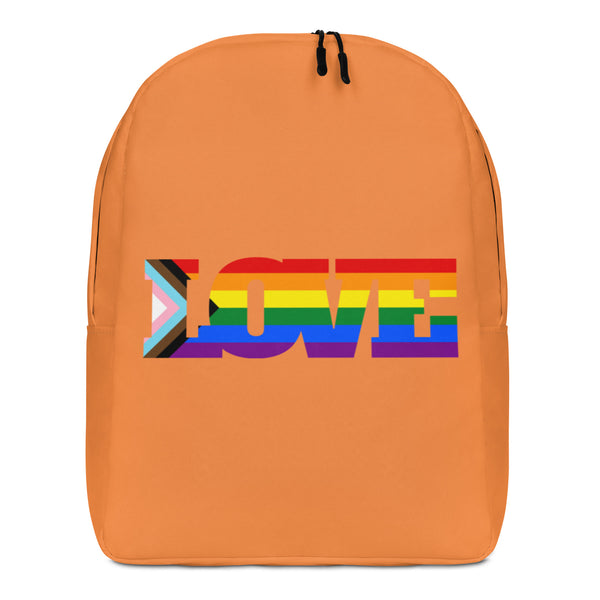 Front view of an orange backpack with a multicolor Pride flag graphic and black zippers