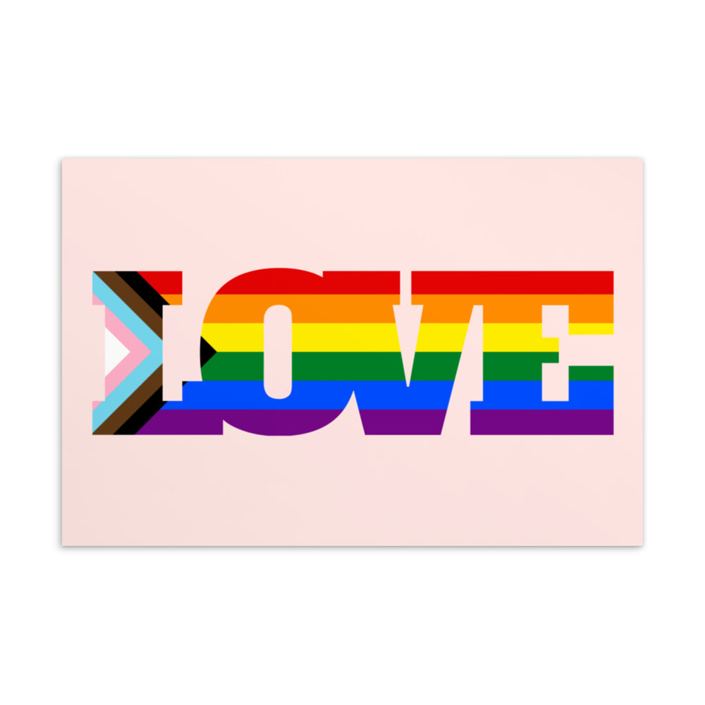 Pink postcard featuring “LOVE” in rainbow stripes with Progress Pride flag accents