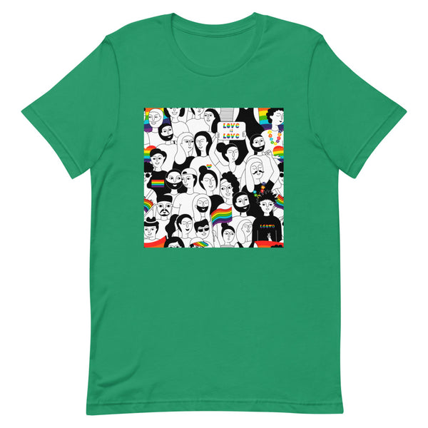 outfits de gays: LGBT Pride T-shirt, soft cotton, features rainbow-hued cartoon folks, pride flags, neon accents