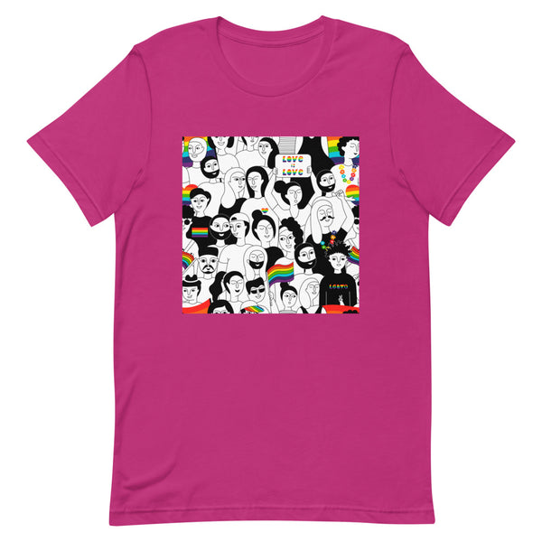 lgbtqia clothing: LGBTQ+ Pride T-Shirts: one vibrant with illustrated faces and rainbow flags, one black