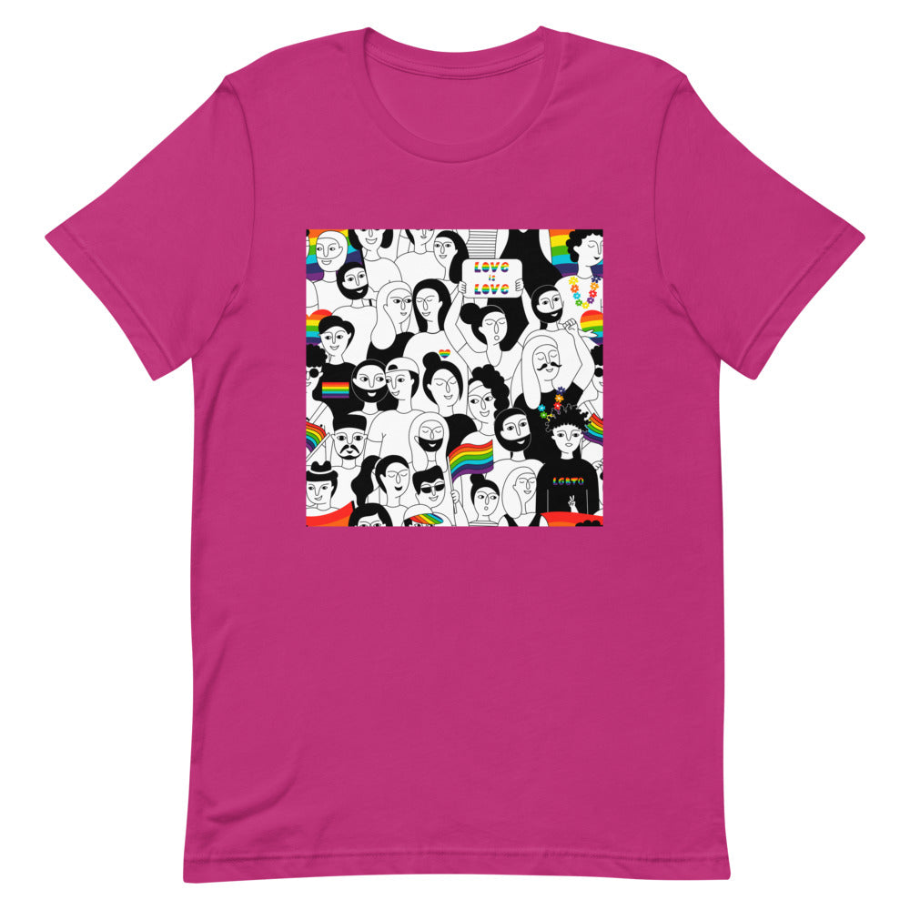 lgbtqia clothing: LGBTQ+ Pride T-Shirts: one vibrant with illustrated faces and rainbow flags, one black