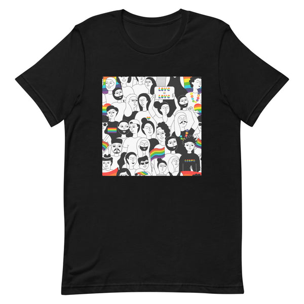 lgbtqia shirt: Black LGBTQ+ Pride T-shirt with diverse faces, rainbow flags, and “Love is Love” text on a chair; cream tote