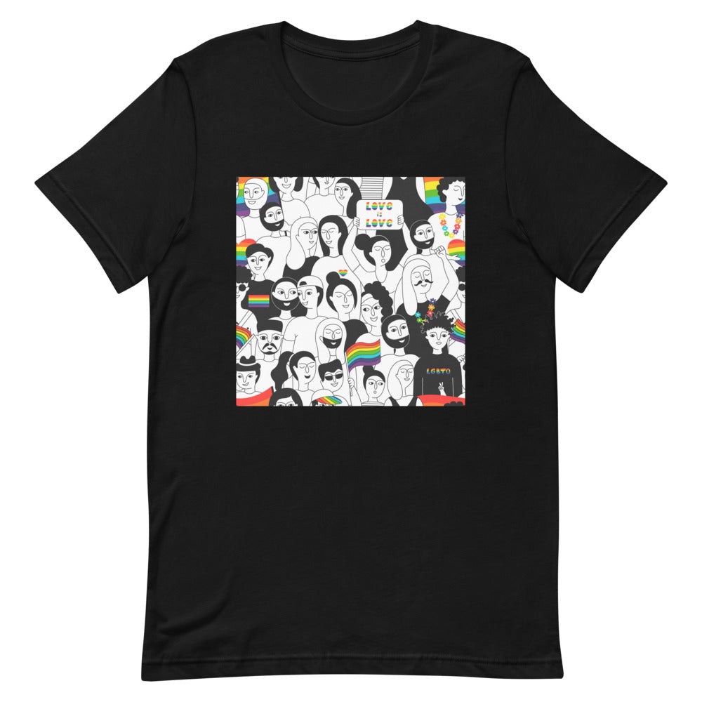 lgbtqia shirt: Black LGBTQ+ Pride T-shirt with diverse faces, rainbow flags, and “Love is Love” text on a chair; cream tote