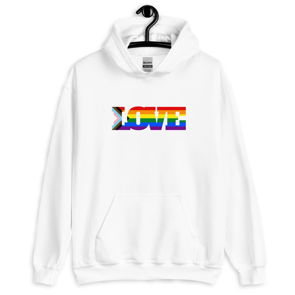 Front view of a white hoodie on a hanger with rainbow-striped “LOVE” lettering