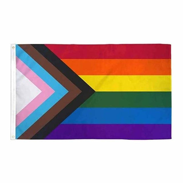 Progress Pride flag with rainbow stripes and chevron of transgender, brown, and black stripes