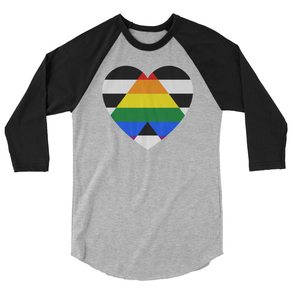 lgbtqia+ lanyard: LGBTQ Ally 3/4 Sleeve Raglan Shirt with rainbow heart, worn at Pride parade