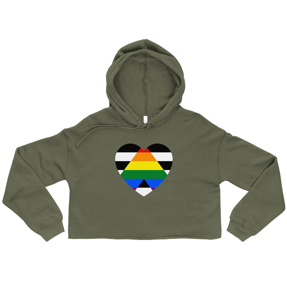 Front-facing olive green cropped hoodie with a rainbow-striped heart graphic