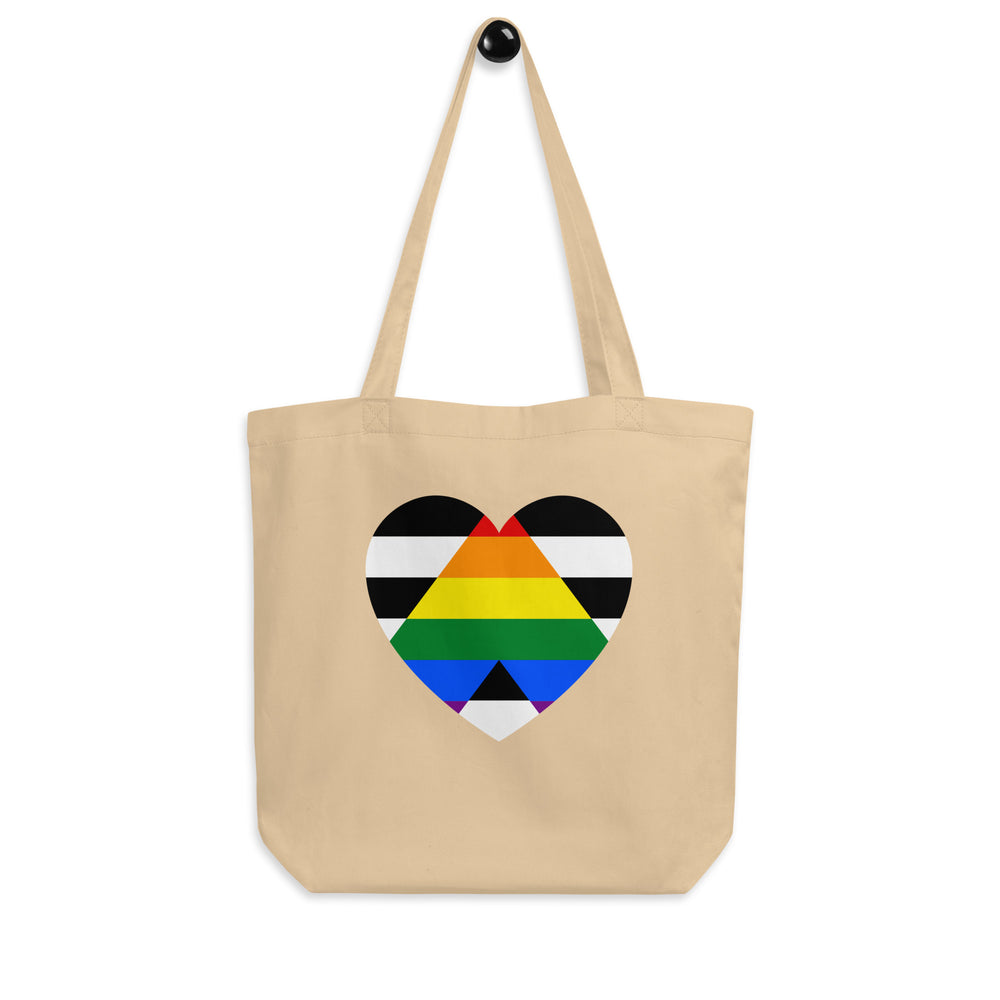 Natural canvas tote bag with a multicolored heart featuring black-and-white stripes