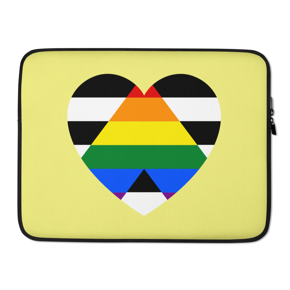 Front-facing yellow laptop sleeve with a large multicolored striped heart and black zipper