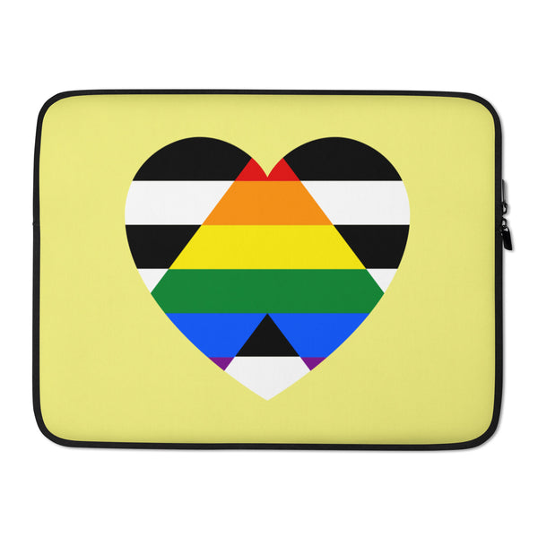 Front-facing yellow laptop sleeve with a large multicolored striped heart and black zipper