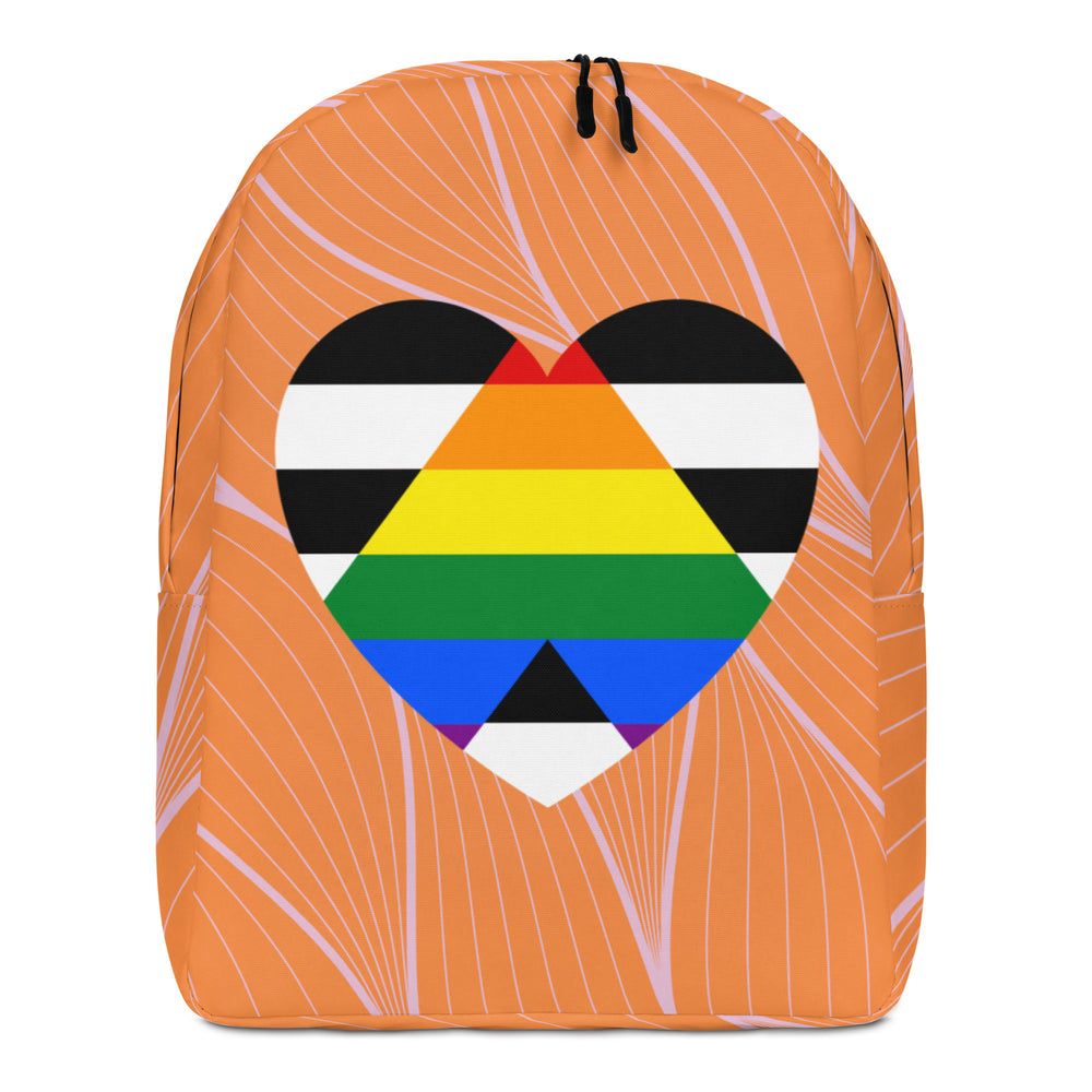 Front view of an orange backpack with lavender lines and a multicolor geometric heart