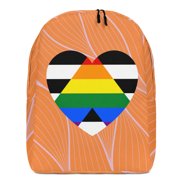 Front view of an orange backpack with lavender lines and a multicolor geometric heart