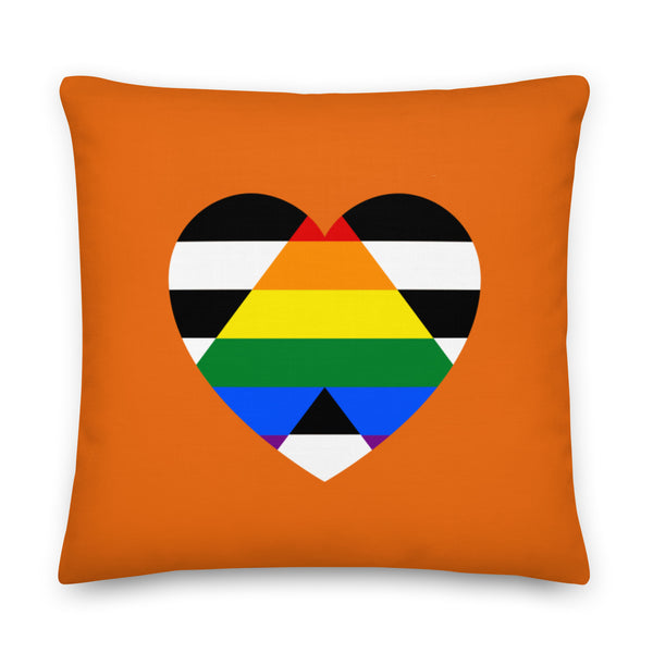 Front-facing orange pillow with a multicolored LGBTQ ally heart design